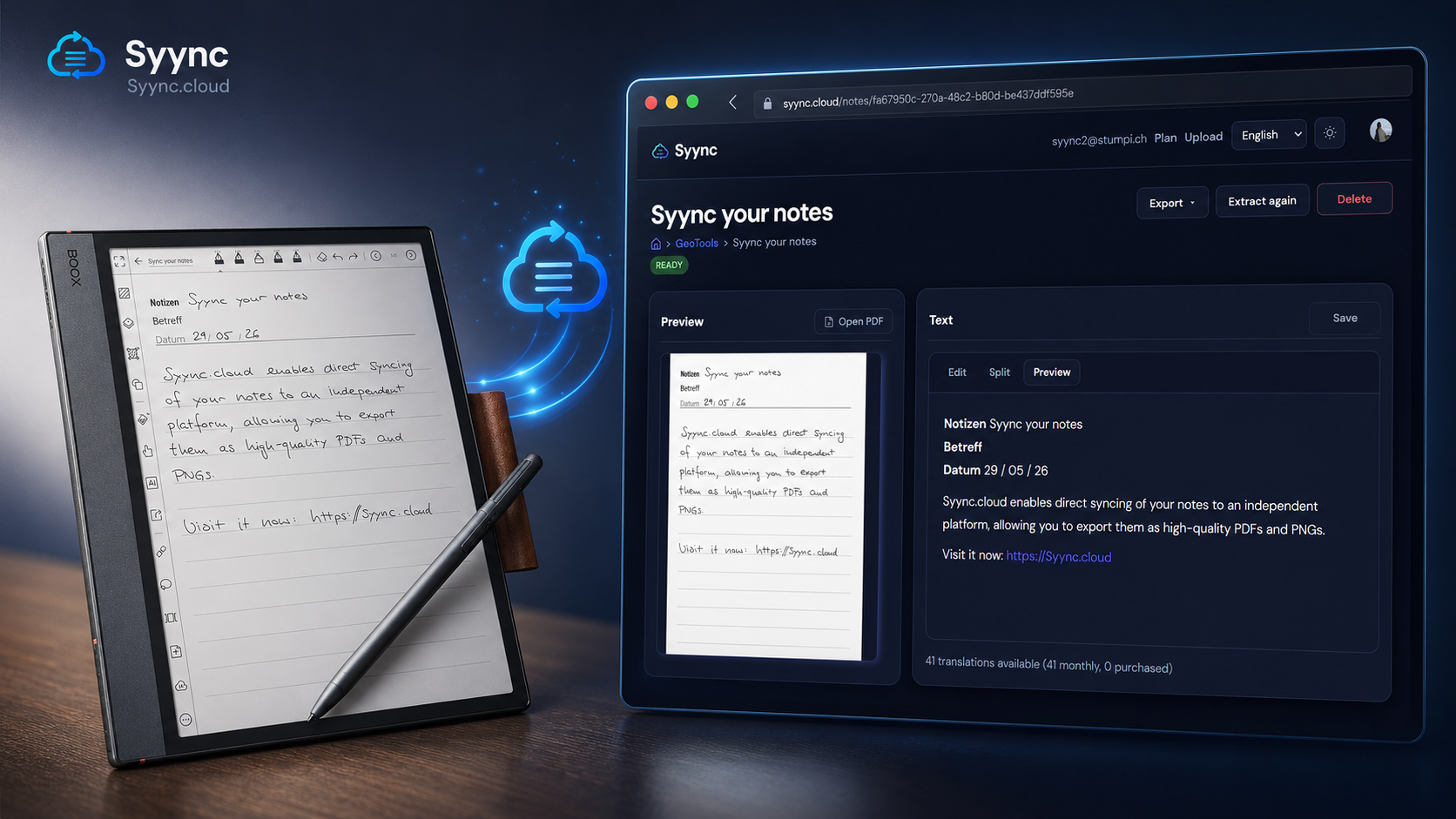 Syync on an e-ink tablet, iPad, and laptop: sync notes and export as PDF.